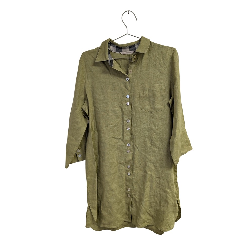 Soft Surroundings Linen Shirt Dress Tunic Button‎ Front Minimalist Green S